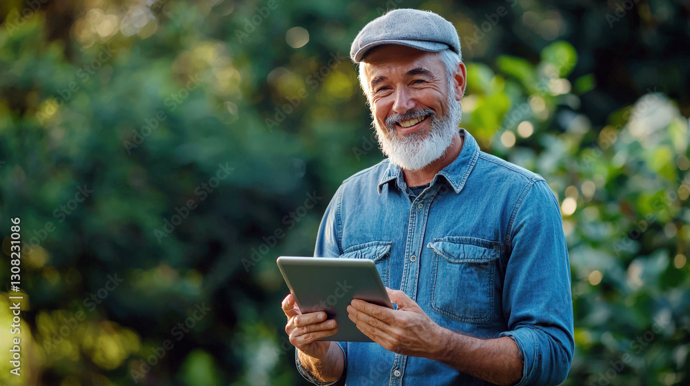 The pensioner uses modern technologies in the garden. An elderly gray-haired man in a blue shirt smiles and holds a tablet in his hands The pensioner uses modern technologies in the garden. An elderly gray-haired man in a blue shirt smiles and holds a tablet in his hands