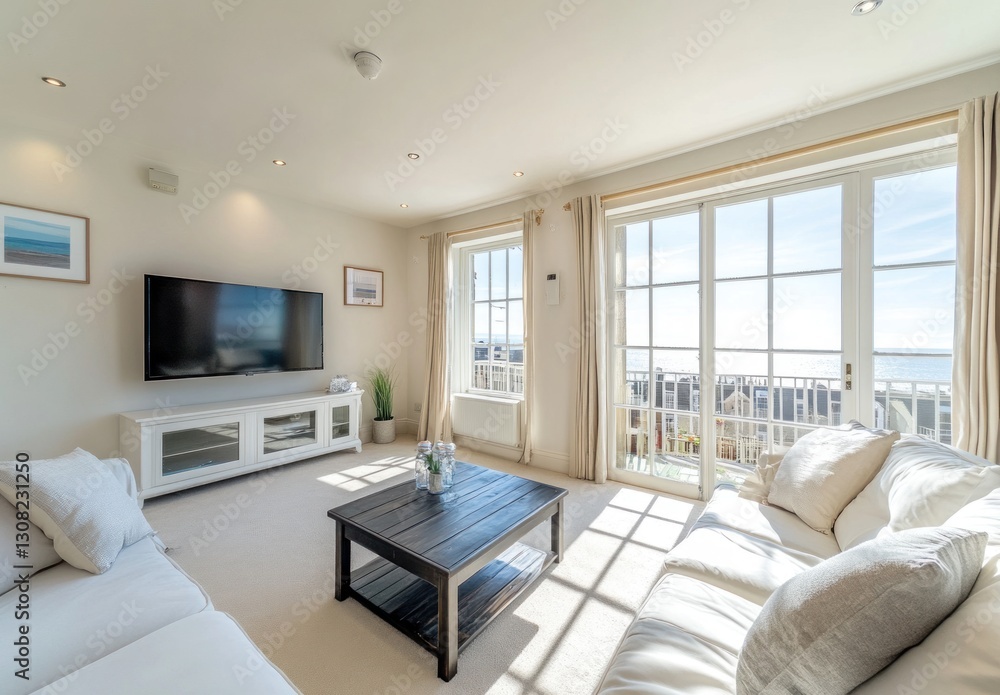 Fototapeta premium Light and airy living room with ocean views. Modern, comfortable seating area with large windows overlooking the sea.
