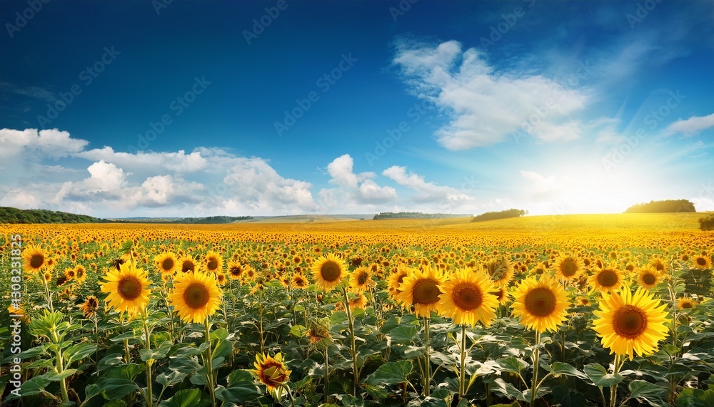 Obraz premium sunflower field and blue sky iconic landscape of golden blooms ideal for nature summer and rural themes