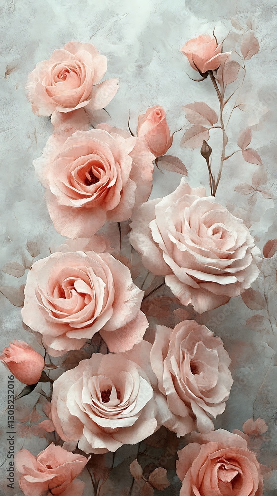 Roses Blooming on Floral Marble Surface Roses Blooming on Floral Marble Surface