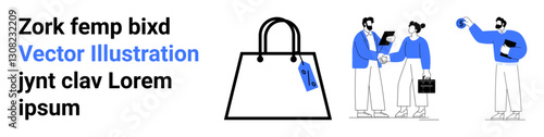 Shopping bag with tag in focus, professionals shaking hands, presenting reports, and discussing progress. Ideal for retail, business deals, product promotion, teamwork, collaboration sales flat