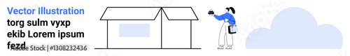 Minimalist design of a woman holding a delivery box near a house with a light blue cloud backdrop. Ideal for delivery services, online shopping, logistics, shipping, e-commerce, contactless delivery