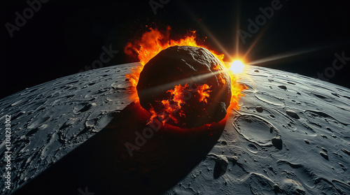 Asteroid impacting, Moon's Mare Imbrium, glowing metallic fragments