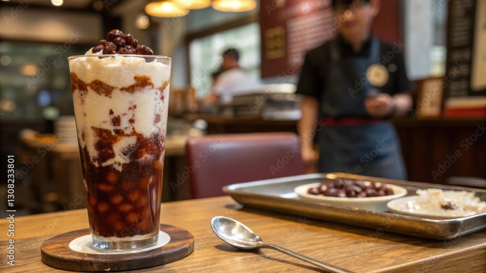Creamy Dessert Glass with Red Bean Layers in Cafe Setting Creamy Dessert Glass with Red Bean Layers in Cafe Setting