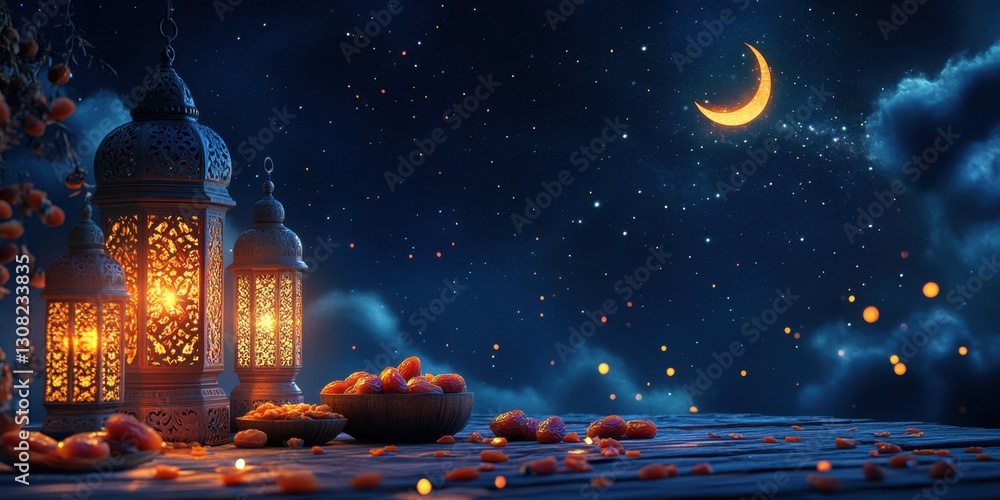 Enchanting Nightscape with Lanterns and Moonlight: A Serene Display of Starry Sky and Glowing Decorations Enchanting Nightscape with Lanterns and Moonlight: A Serene Display of Starry Sky and Glowing Decorations