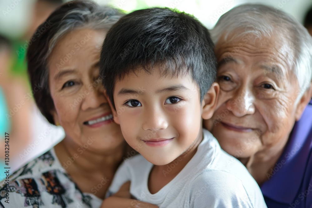 A young boy proudly tells his grandparents that he completed his first full fast. They cheer for him and give him a warm hug A young boy proudly tells his grandparents that he completed his first full fast. They cheer for him and give him a warm hug