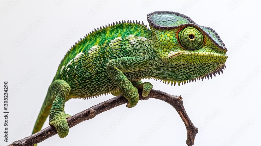 Fototapeta premium Close-up of a chameleon with a captivating green and white patterned head and neck, perched elegantly on a branch. Its eyes follow every movement