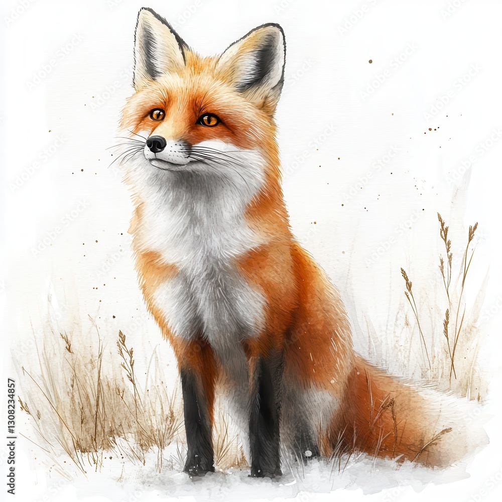 Fototapeta premium Watercolor Style Red Fox In Winter Landscape