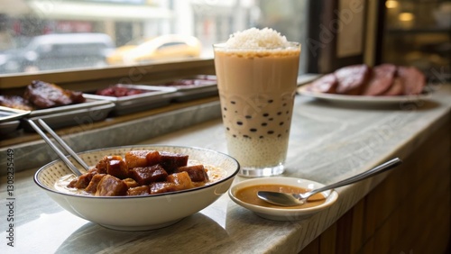 Marble Counter Displaying Delicious Braised Pork Belly and Iced Milk Tea in Cha Chaan Teng Cafe