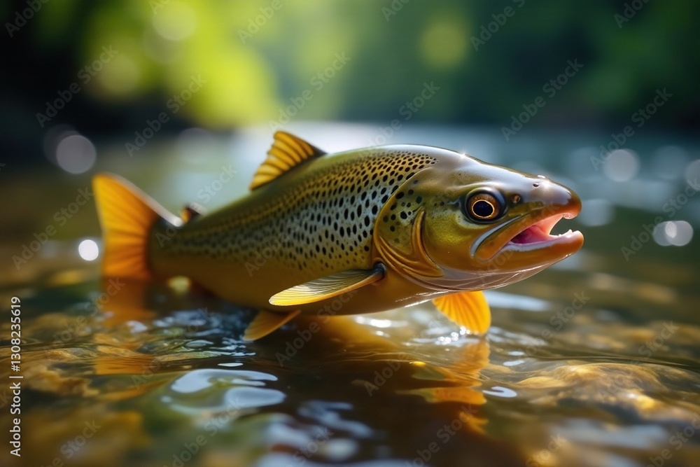 Fototapeta premium Brown trout ascends, clear water, dappled sunlight, fresh water, wildlife photography