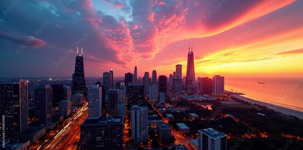 Fototapeta premium Chicago's majestic skyline at sunset, aerial view , golden light, golden hour