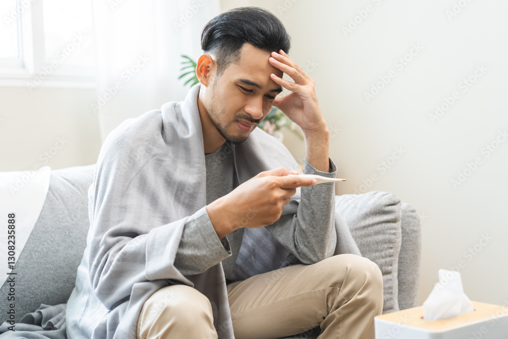 Fototapeta premium Sick, influenza asian young man, male have fever hand holding thermometer, touching forehead for check measure body temperature, illness while sitting rest on sofa at home. Health care on virus person