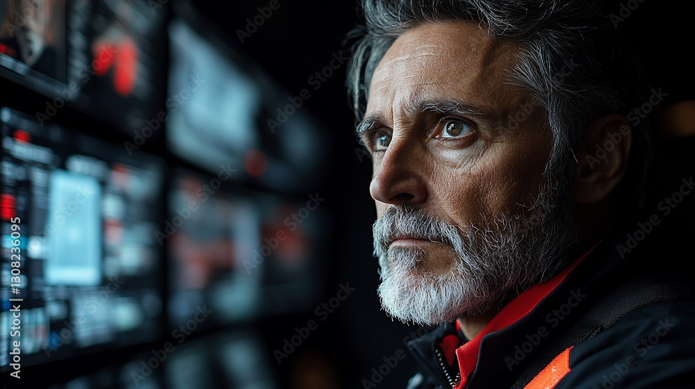 Close Up Portrait of a Man with a Frosty Beard Looking at Screens Close Up Portrait of a Man with a Frosty Beard Looking at Screens