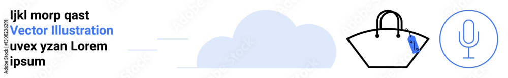 Shopping bag and microphone icon alongside text and cloud element suggest e-commerce, voice search, cloud technology. Ideal for digital marketing, communication, online shopping, AI, e-commerce ads Shopping bag and microphone icon alongside text and cloud element suggest e-commerce, voice search, cloud technology. Ideal for digital marketing, communication, online shopping, AI, e-commerce ads
