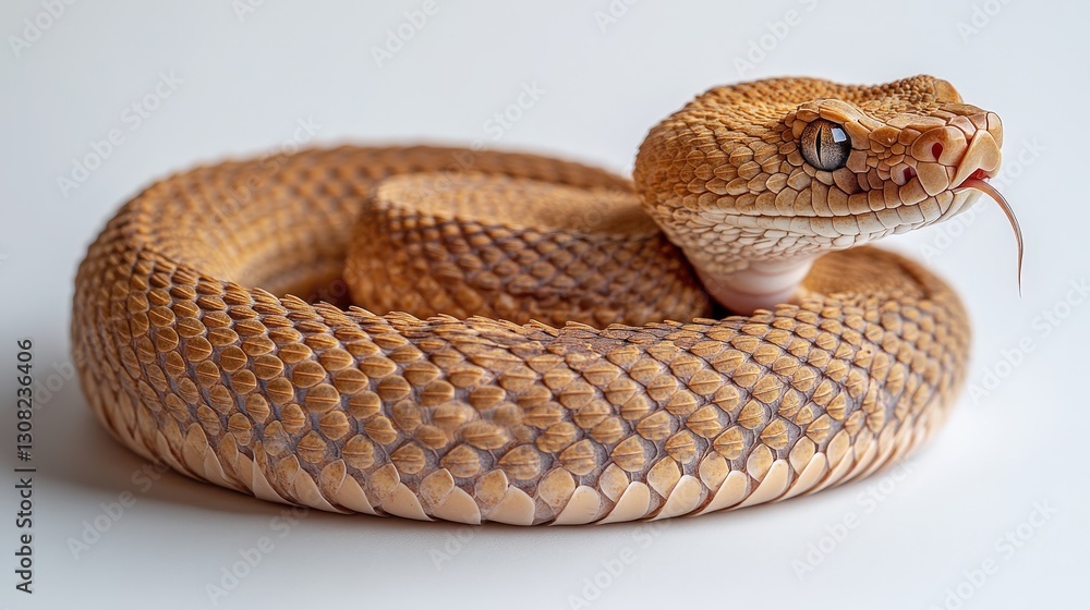 Obraz premium A light-brown serpent with intricate patterns on its scales twists elegantly. Its head turns to the right, eyes gleaming intently