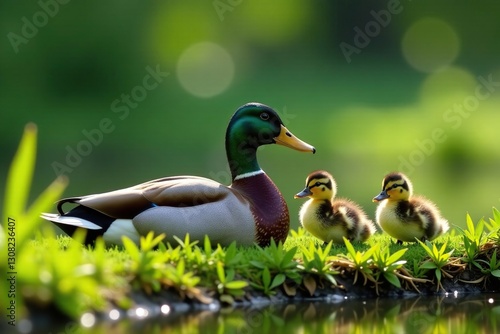 Wallpaper Mural A mama duck and her ducklings rest on a grassy bank , ducklings, outdoors, wildlife Torontodigital.ca