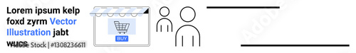 Stylized storefront with shopping cart, buy button, placeholder text, and two abstract human figures. Ideal for e-commerce, business, marketing, digital sales, consumer trends shopping flat landing