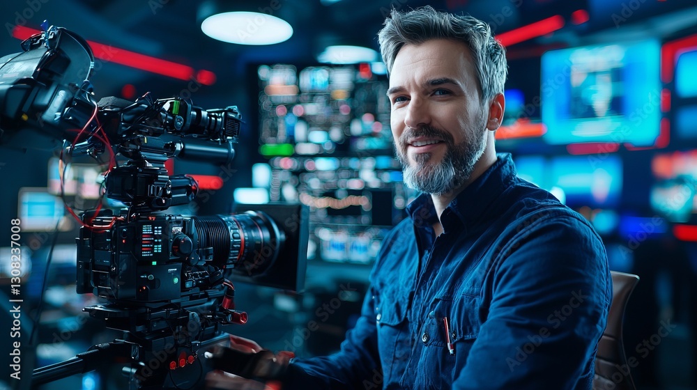 Behind the Lens: A smiling professional cameraman, masterfully operating his cutting-edge camera in a busy and high-tech TV studio.