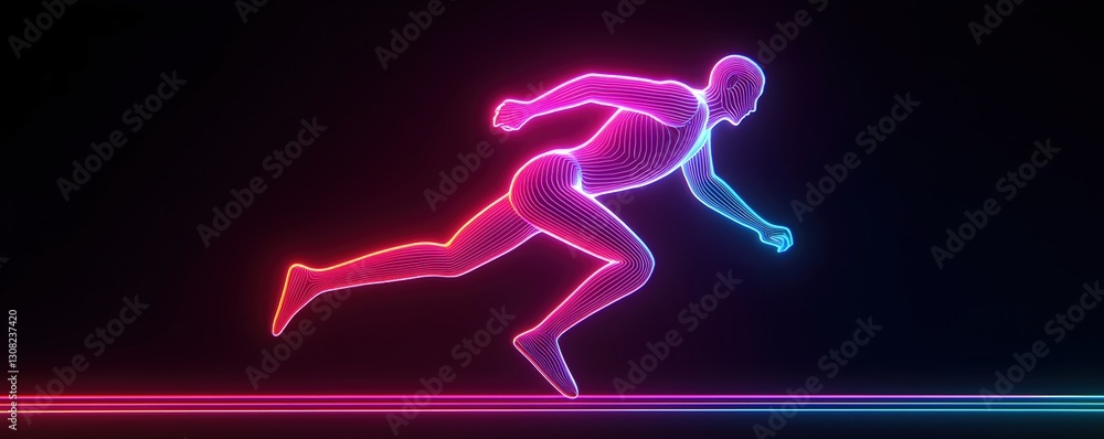 Neon Silhouette of a Running Human Figure in Motion Against Black Neon Silhouette of a Running Human Figure in Motion Against Black