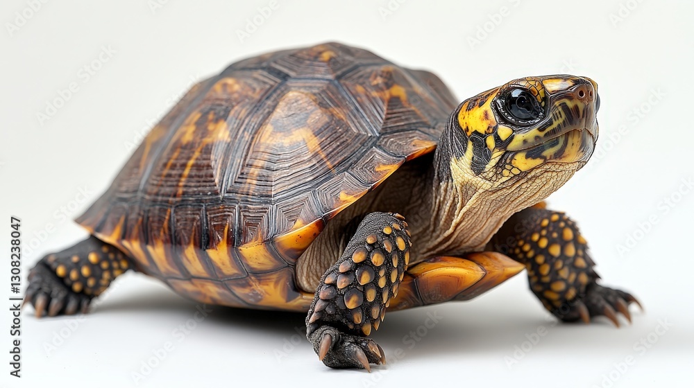 Obraz premium A captivating close-up of a tortoise, its head angled left as it faces right, showcasing intricate details on both the shell and underbelly in rich natural tones