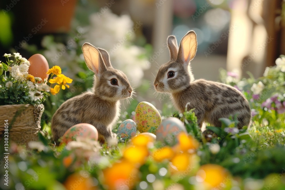 Curious rabbits playfully exploring a garden filled with subtle easter decorations among flowers Curious rabbits playfully exploring a garden filled with subtle easter decorations among flowers