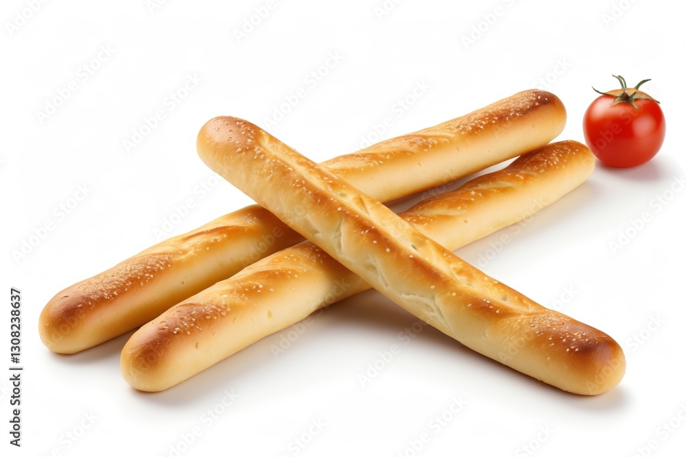 there are four long breadsticks with a tomato on the side there are four long breadsticks with a tomato on the side