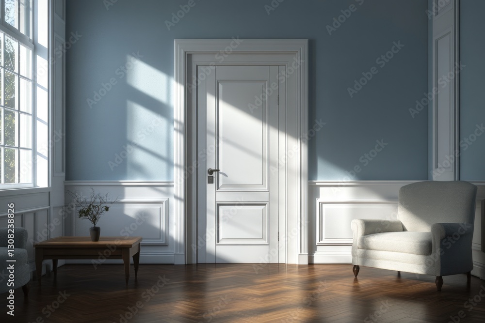 Fototapeta premium Light streaming into a classic, elegant interior with a white door and light-colored furniture.