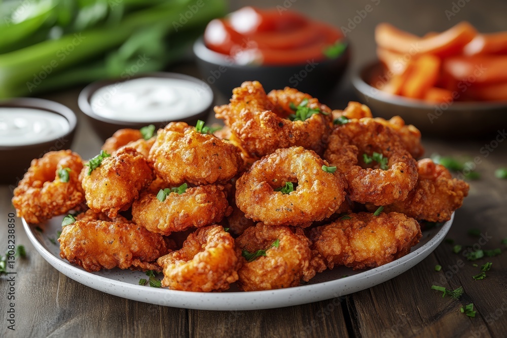 Delicious crispy onion rings with ketchup and ranch perfect snack for your restaurant menu Delicious crispy onion rings with ketchup and ranch perfect snack for your restaurant menu