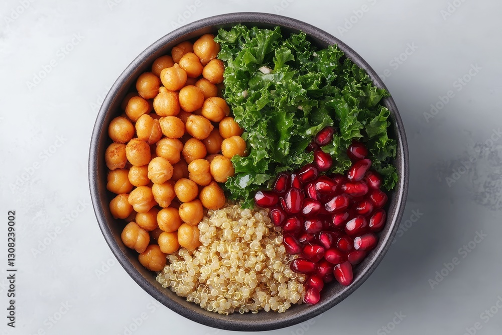 Artfully arranged vegan buddha bowl with roasted chickpeas, quinoa, kale, and pomegranate seeds Artfully arranged vegan buddha bowl with roasted chickpeas, quinoa, kale, and pomegranate seeds