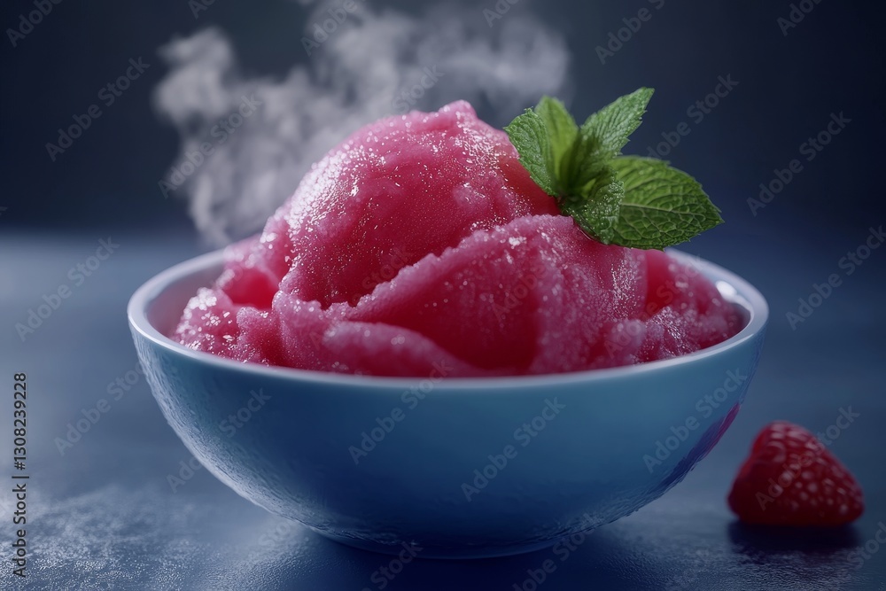 A bowl of chilled raspberry sorbet with mint garnish and condensation, captured in realistic detail A bowl of chilled raspberry sorbet with mint garnish and condensation, captured in realistic detail