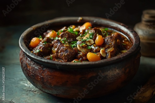 Rich moroccan tagine with slow cooked lamb, apricots, and saffron in a traditional clay dish