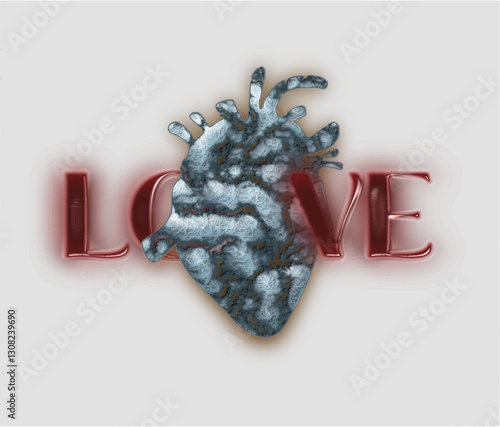 Human heart illustration with a red love typography. 3d illustration. romance love design. Love image. Romance design. amazing LOVE graphic design in eps file.