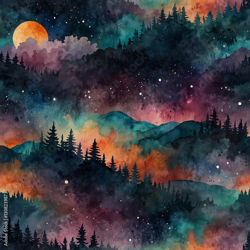 Mystical Night Sky and Dreamy Mountain Landscape