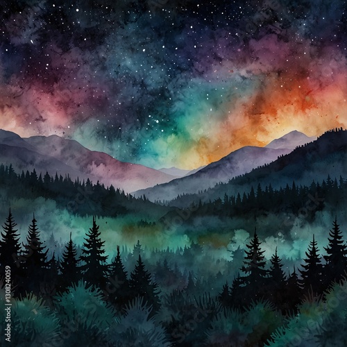 Mystical Night Sky and Dreamy Mountain Landscape
