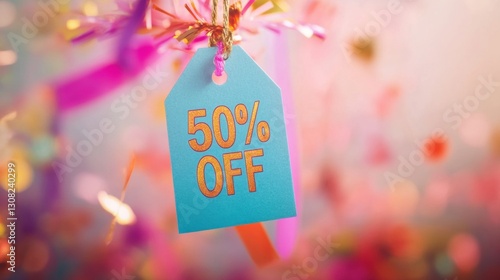 A colorful tag displaying a 50 percent discount hangs amidst vibrant decorations, signaling a special shopping event celebration