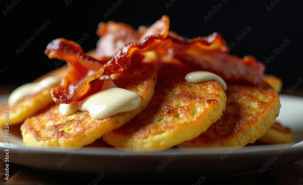 crispy potato pancakes with bacon and creamy sauce crispy potato pancakes with bacon and creamy sauce