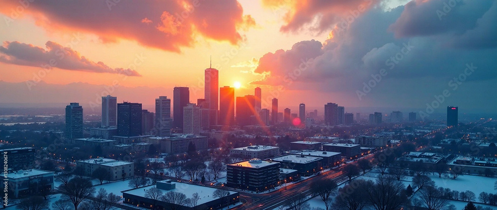 Fototapeta premium Sunrise clouds over downtown Calgary in the winter, with a focus on depth and mood. Create a vibrant, dreamlike atmosphere with soft, golden lighting. Style is photorealistic, high quality, with pro