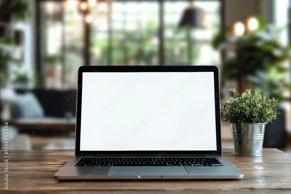 laptop with blank screen sits on wooden table, surrounded by greenery in cozy indoor setting. warm atmosphere invites creativity and productivity laptop with blank screen sits on wooden table, surrounded by greenery in cozy indoor setting. warm atmosphere invites creativity and productivity