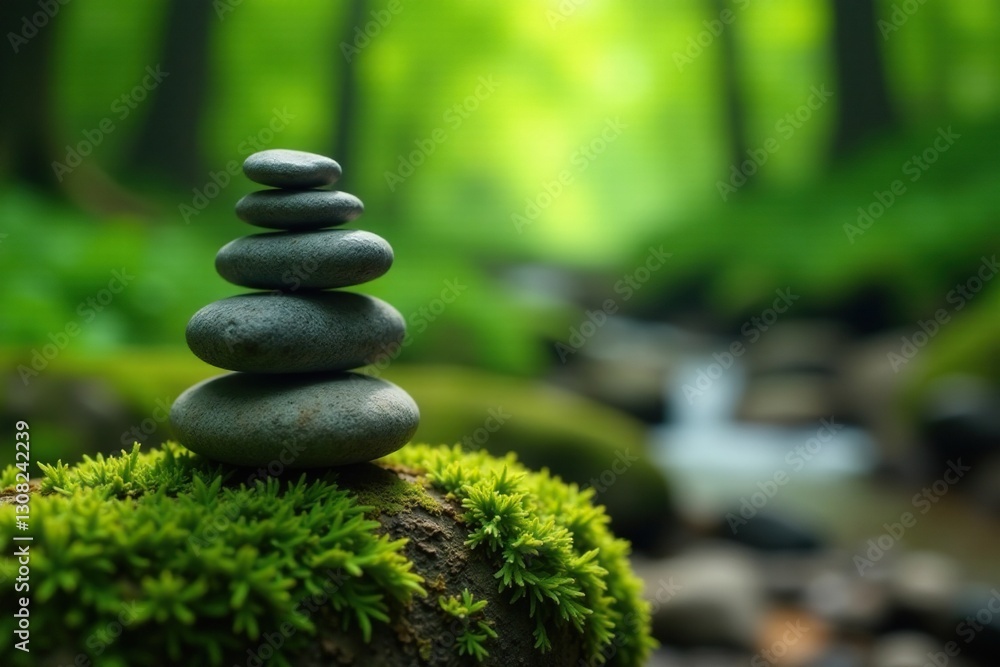 Balanced gray stones atop mossy forest log, blurred greenery, scene, balance Balanced gray stones atop mossy forest log, blurred greenery, scene, balance