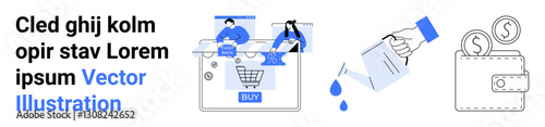 People shopping online using a laptop, hand watering a money plant, and wallet with coins representing financial growth. Ideal for e-commerce, digital market, investment, finance management, savings