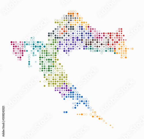 Croatia, shape of the country built of colored cells. Digital style map of Croatia on white background. Small size circle blocks. Amazing vector illustration.
