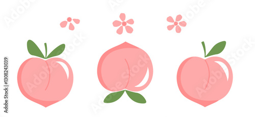 Set of peach fruit with green leaves and pink flower icon signs isolated on white background vector.