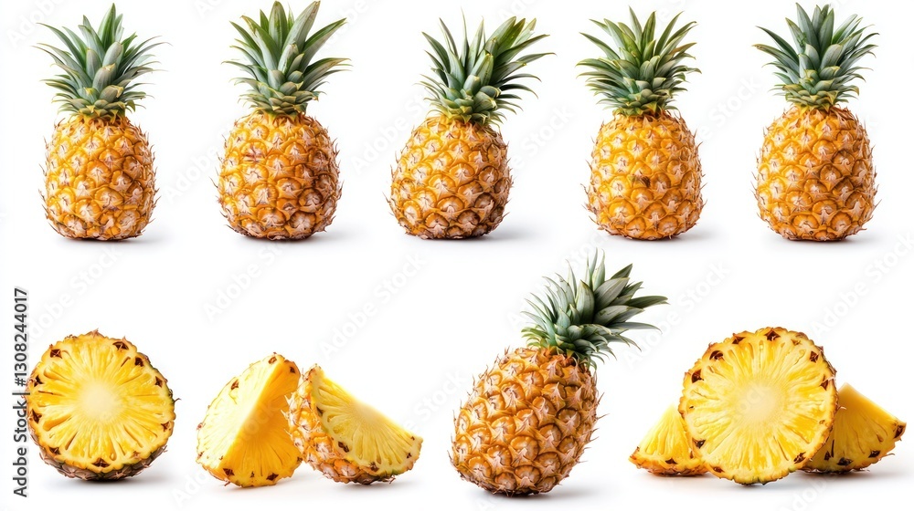 Collection of pineapples, whole and sliced, studio shot Collection of pineapples, whole and sliced, studio shot