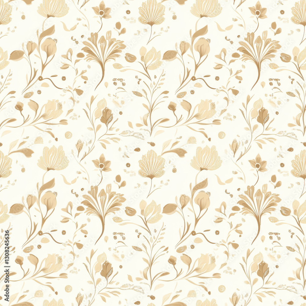 Elegant floral pattern with beige and cream tones, featuring various flowers and leaves, perfect for textiles or wallpaper Elegant floral pattern with beige and cream tones, featuring various flowers and leaves, perfect for textiles or wallpaper