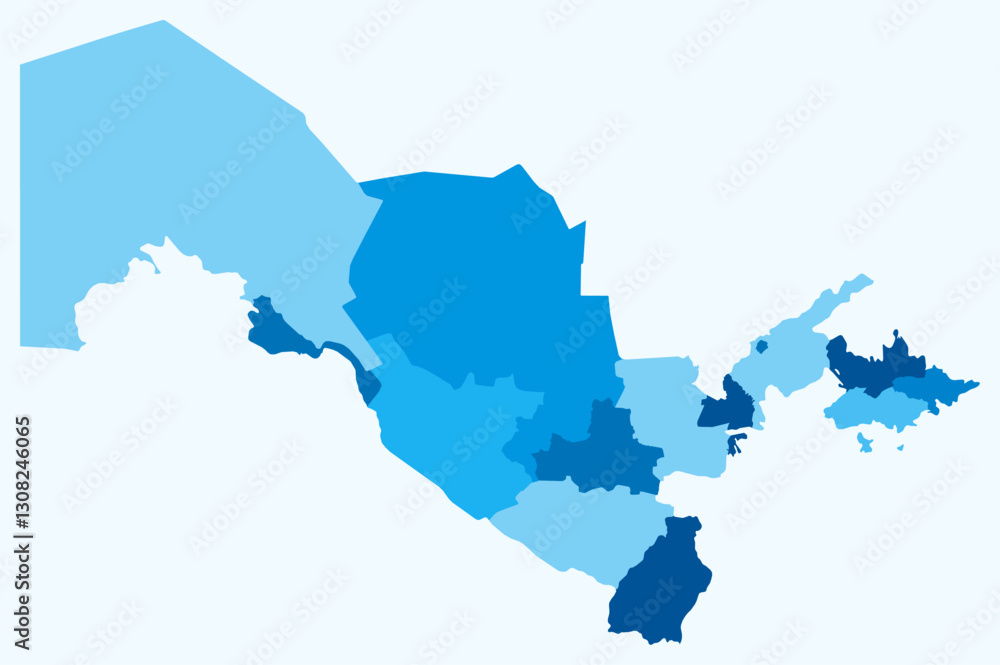 Fototapeta premium Map of Uzbekistan with regions. Just a simple country border map with region division. Light blue color palette. Plain Uzbekistan shape with administrative division. Vector illustration.