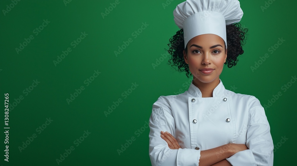 Culinary Confidence: A poised chef, clad in pristine uniform and toque, stands confidently with arms crossed, a beacon of expertise against a verdant backdrop. Culinary Confidence: A poised chef, clad in pristine uniform and toque, stands confidently with arms crossed, a beacon of expertise against a verdant backdrop.