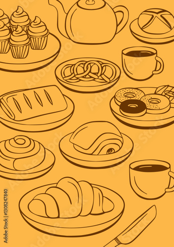 Bakery illustration featuring bread, pastries, donuts, coffee, tea, and minimal line art.