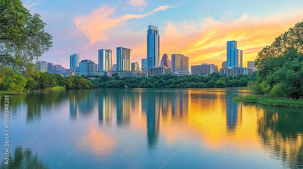 Fototapeta premium Golden Sunset Over Modern Cityscape, A Moment of Urban Tranquility 