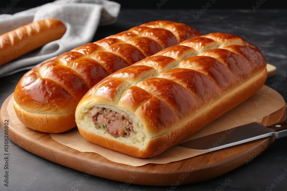 there are two rolls of bread on a cutting board with a knife there are two rolls of bread on a cutting board with a knife