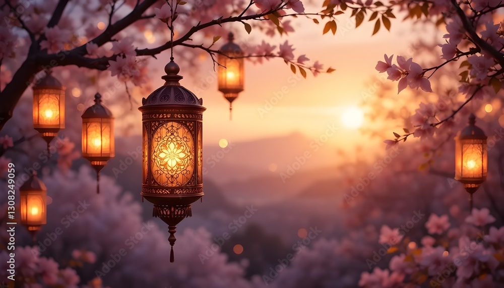 Fototapeta premium Ramadan-themed wallpaper featuring intricate, glowing lanterns (fanous) hanging from tree branches